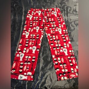 Poppy Red Sushi Sake Print Pajama Pants 100% Cotton Cozy Size Medium